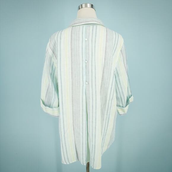 Chico's 3 Size XL Blue Stripe Print Button Tab Sleeve No Iron Linen Tunic Top - Picture 3 of 7